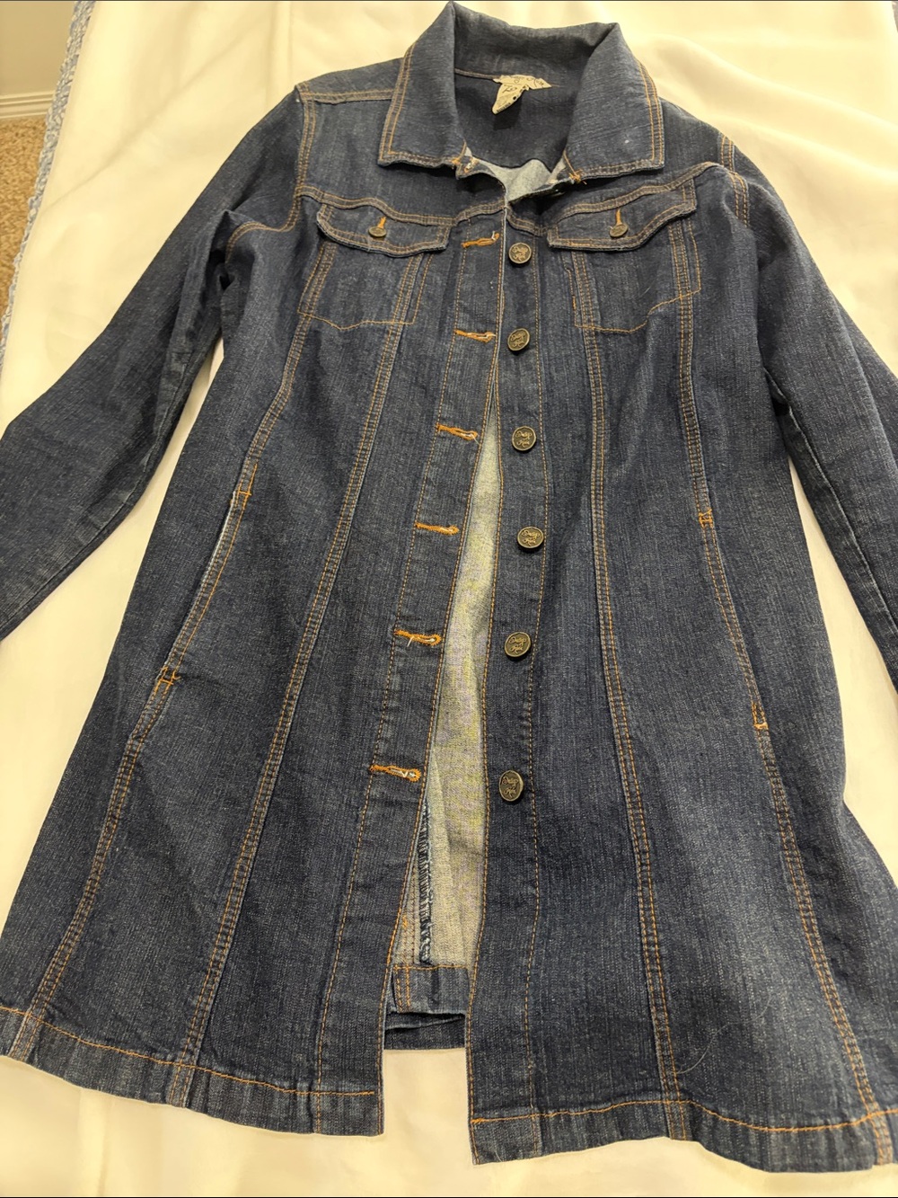 Indigo Rein. Womens Dark Blue Denim long Trench Coat Jacket